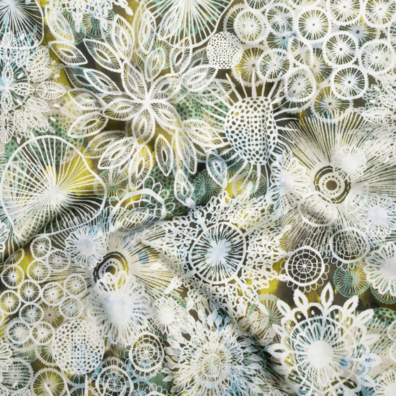 1 Yard Olive Green Sky Blue White Floral Cotton Sateen Stretch Fabric